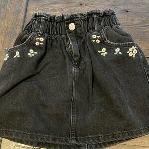 Black Kids Denim Skirt with Floral Embroidery